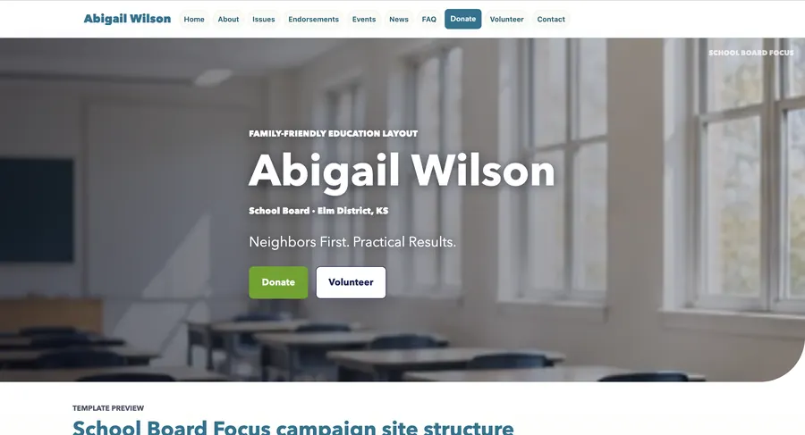 School Board Focus PoliticalWin campaign website template screenshot
